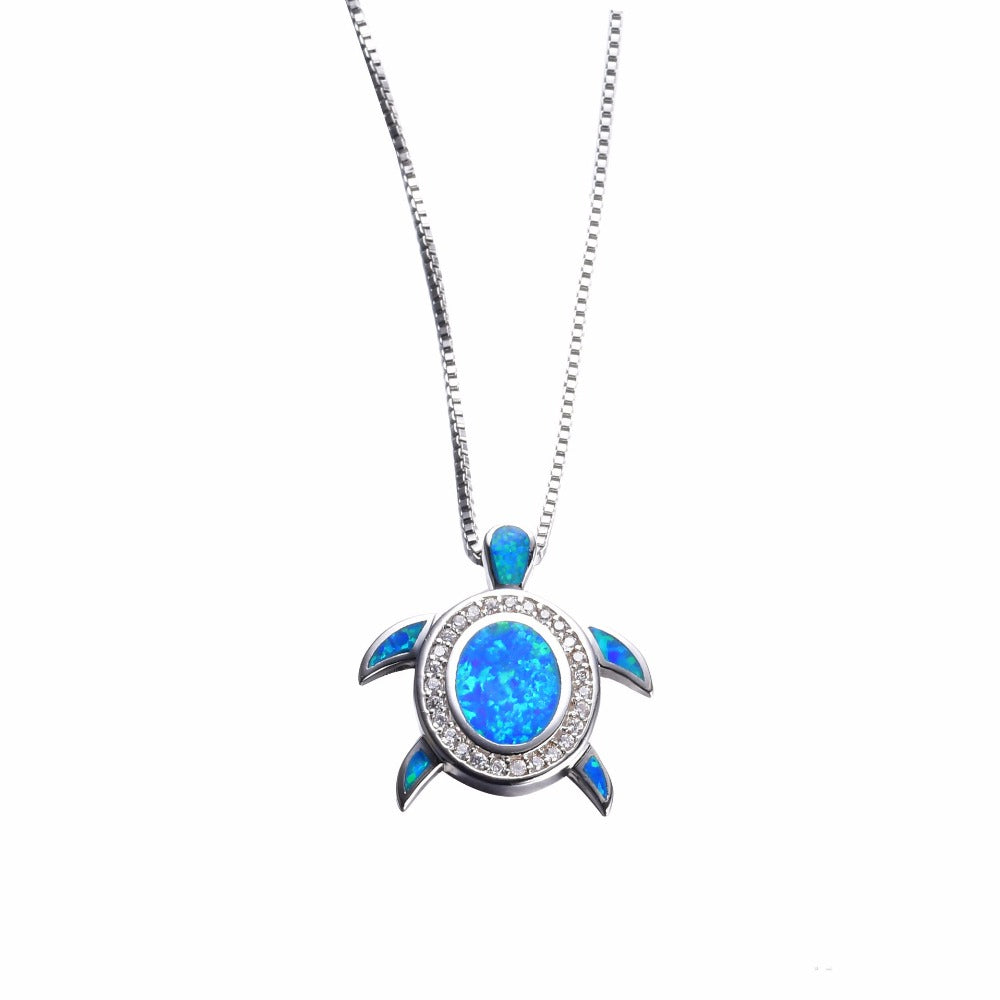Blue Opal CZ Turtle Necklace
