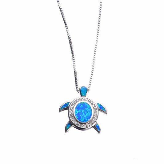 Blue Opal CZ Turtle Necklace