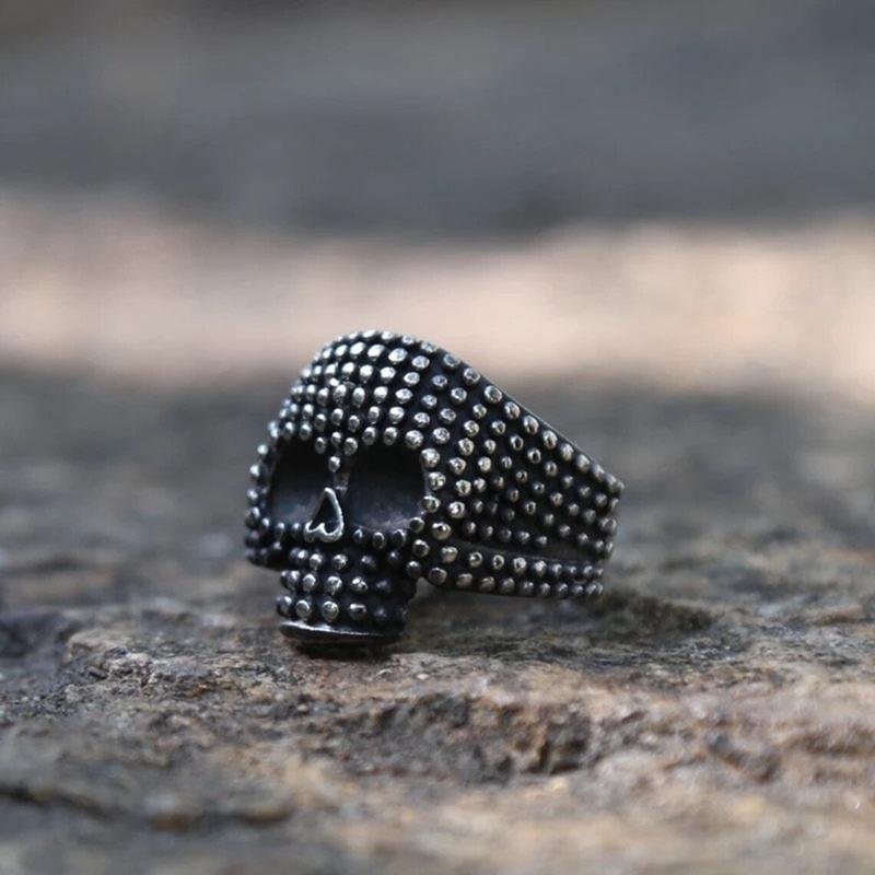 GOTHIC SKULL STUDDED STAINLESS STEEL RING