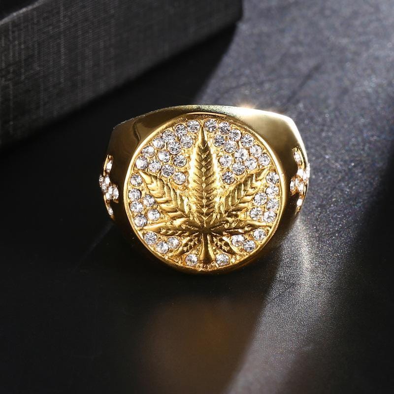 HIPHOP LEAVES WITH DIAMONDS STAINLESS STEEL RING