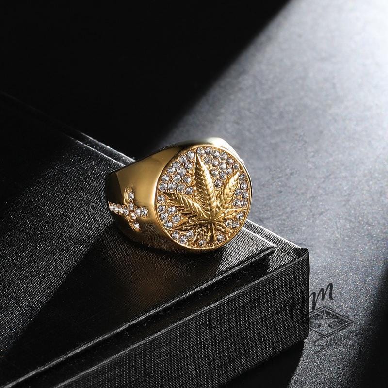 HIPHOP LEAVES WITH DIAMONDS STAINLESS STEEL RING