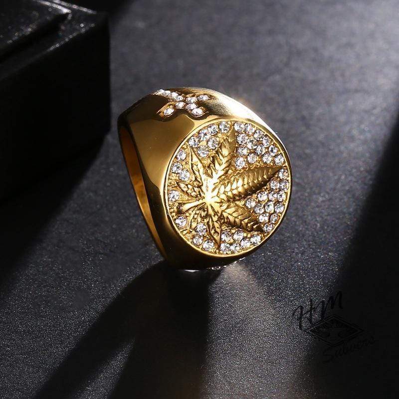 HIPHOP LEAVES WITH DIAMONDS STAINLESS STEEL RING