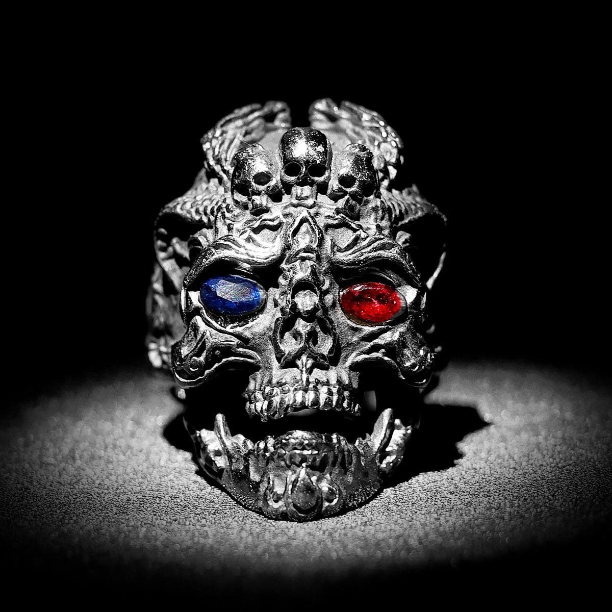 RUBY & SAPPHIRE EYE STAINLESS STEEL SKULL RING