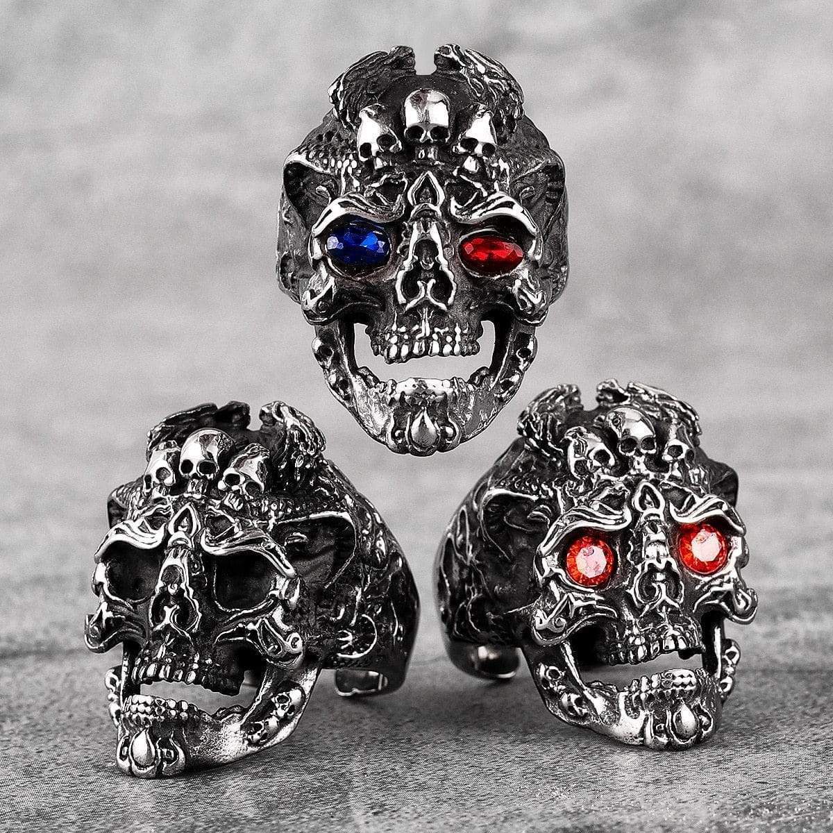 RUBY & SAPPHIRE EYE STAINLESS STEEL SKULL RING