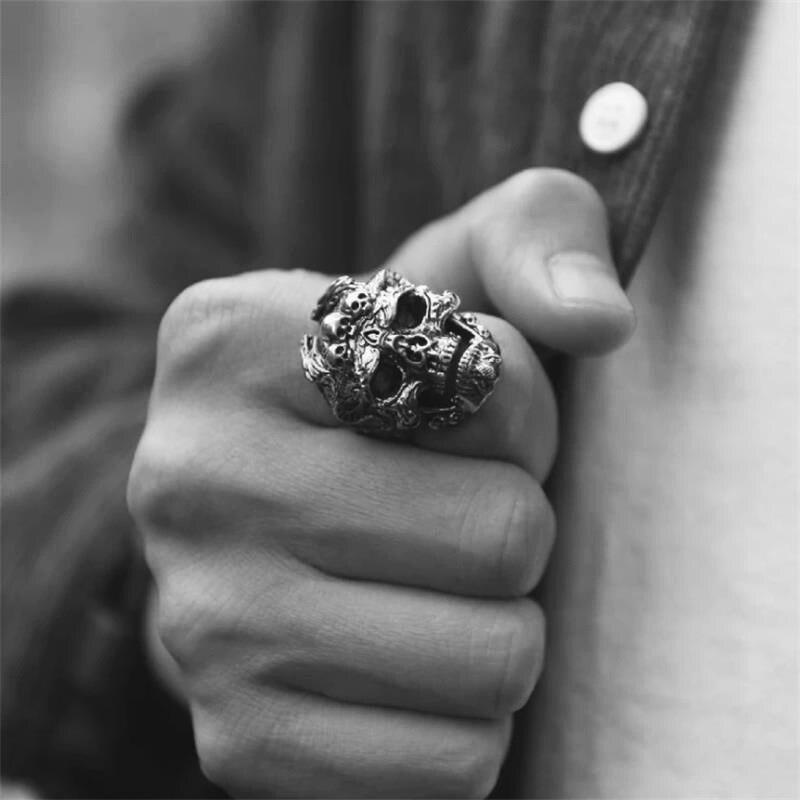 RUBY & SAPPHIRE EYE STAINLESS STEEL SKULL RING