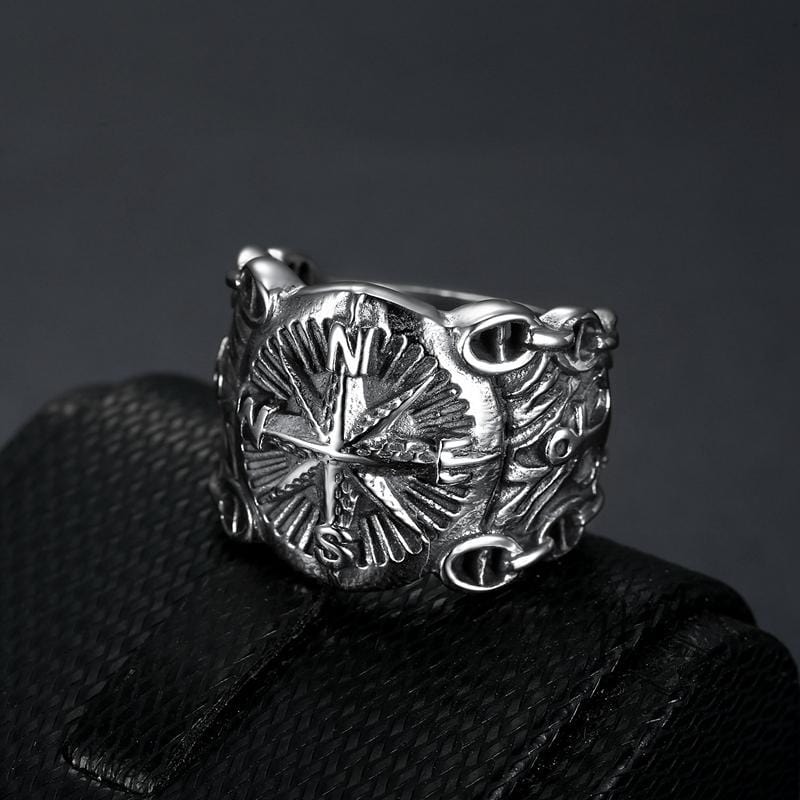 VINTAGE PIRATE COMPASS STAINLESS STEEL RING